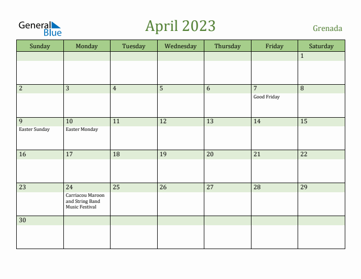 April 2023 Calendar with Grenada Holidays