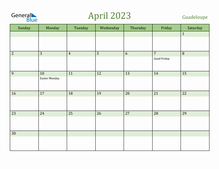 April 2023 Calendar with Guadeloupe Holidays