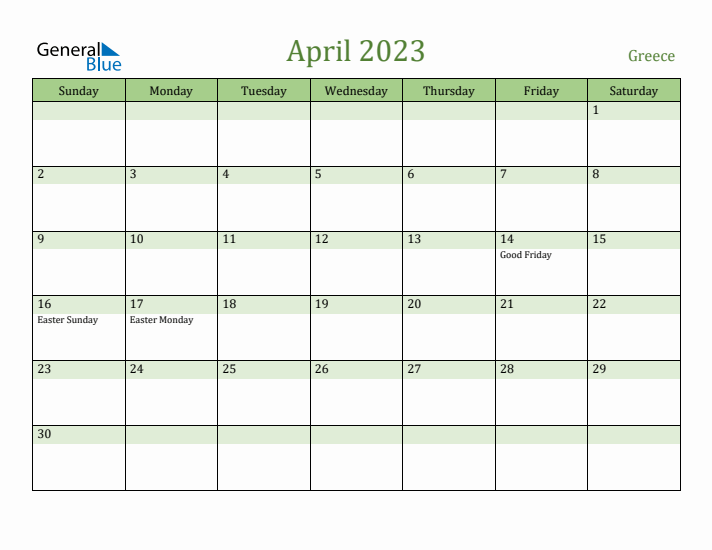 April 2023 Calendar with Greece Holidays