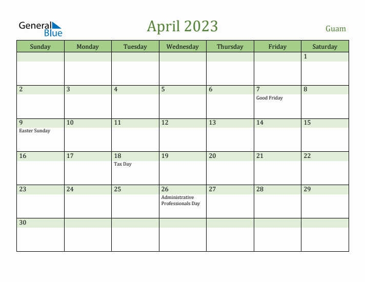 April 2023 Calendar with Guam Holidays