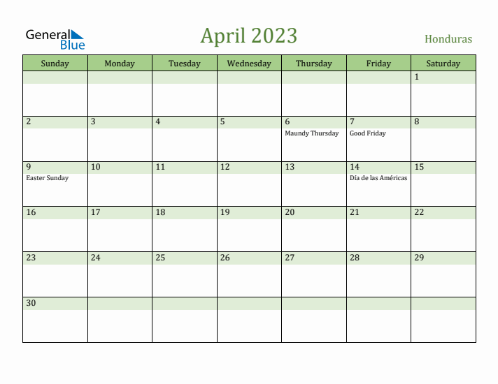 April 2023 Calendar with Honduras Holidays