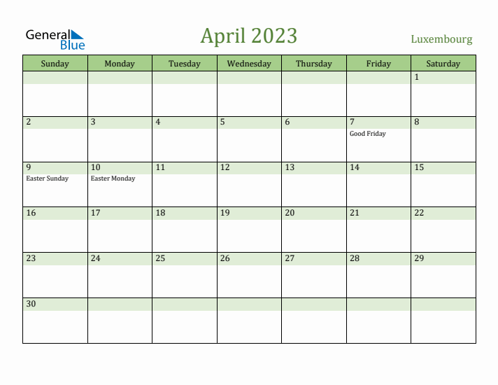 April 2023 Calendar with Luxembourg Holidays