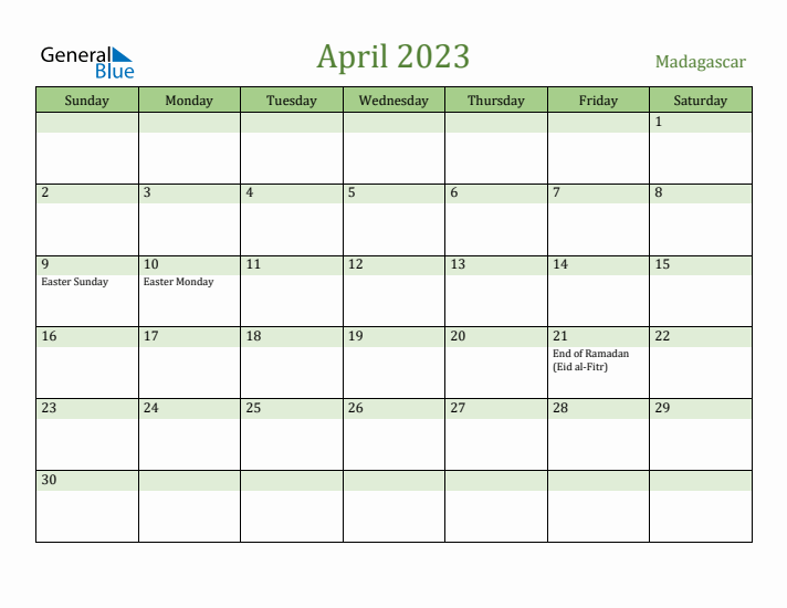 April 2023 Calendar with Madagascar Holidays