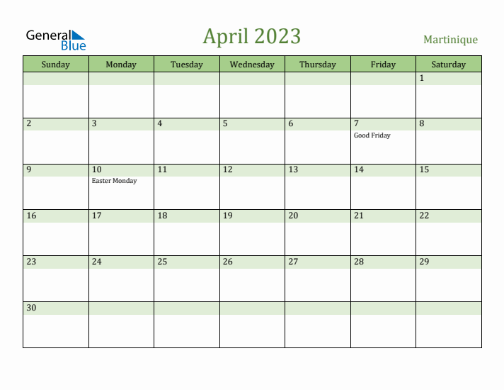 April 2023 Calendar with Martinique Holidays