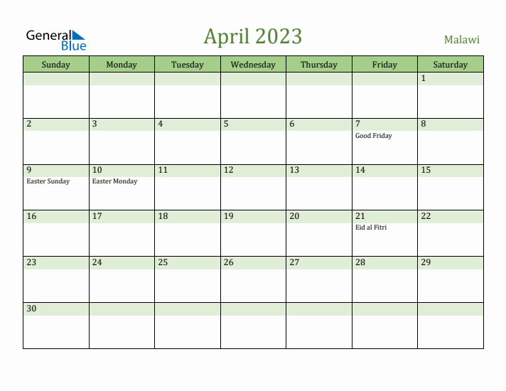 April 2023 Calendar with Malawi Holidays