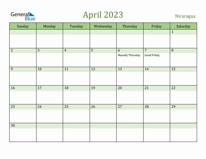 April 2023 Calendar with Nicaragua Holidays