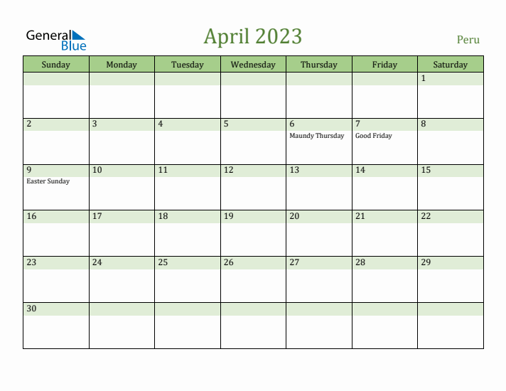 April 2023 Calendar with Peru Holidays