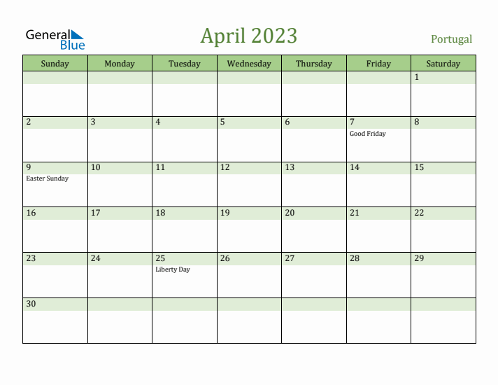 April 2023 Calendar with Portugal Holidays