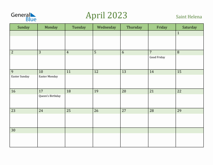 April 2023 Calendar with Saint Helena Holidays