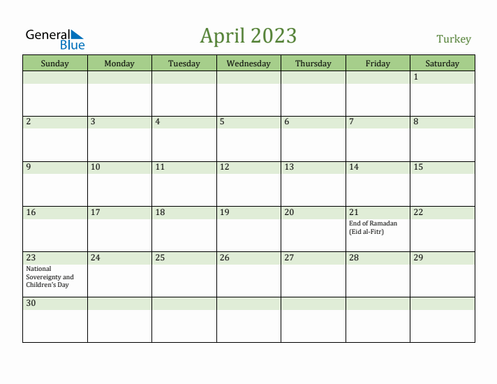 April 2023 Calendar with Turkey Holidays