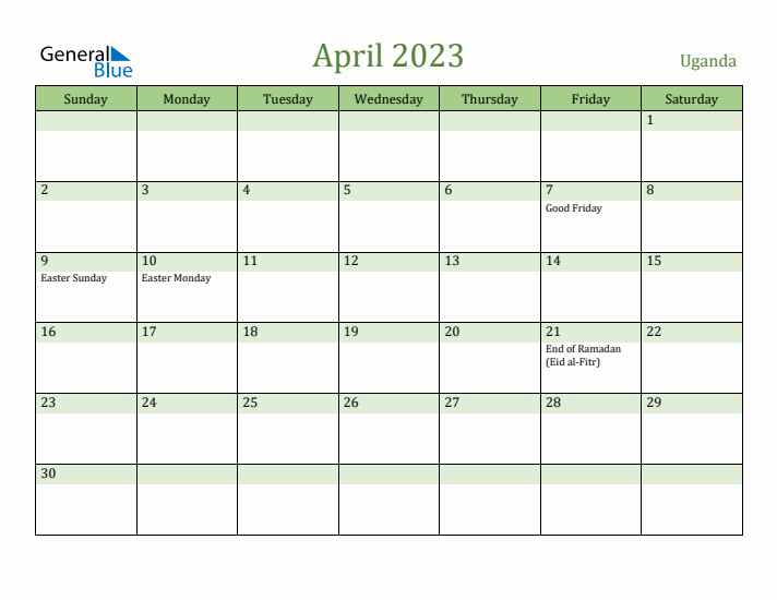 April 2023 Calendar with Uganda Holidays