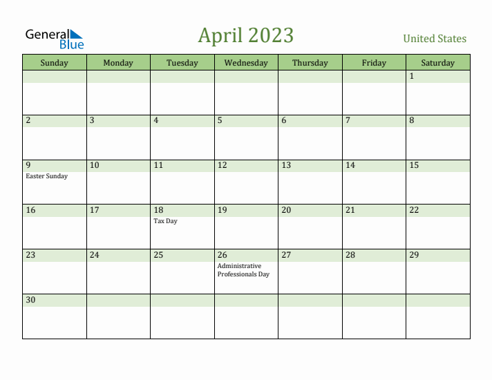 April 2023 Calendar with United States Holidays