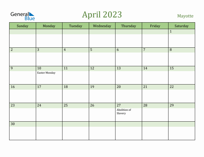 April 2023 Calendar with Mayotte Holidays