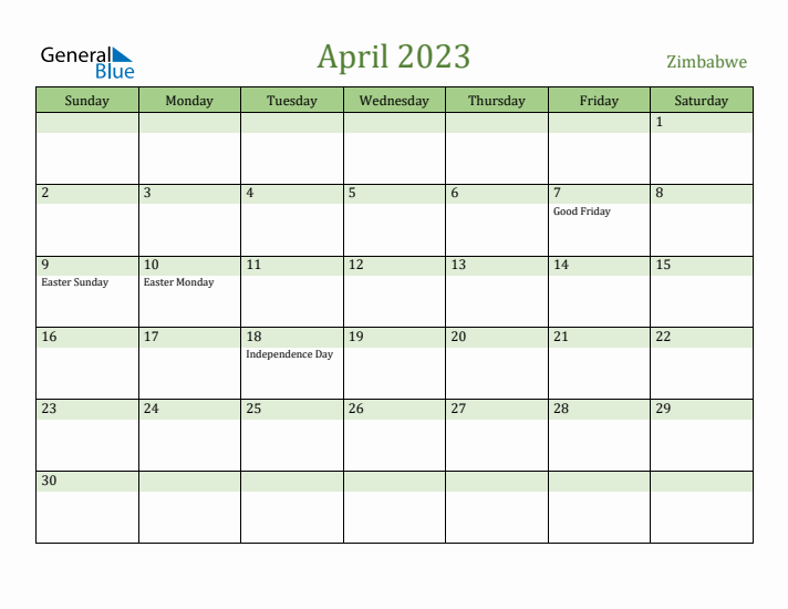 April 2023 Calendar with Zimbabwe Holidays