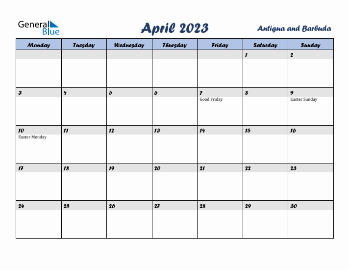 April 2023 Calendar with Holidays in Antigua and Barbuda