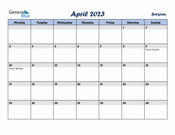 April 2023 Calendar with Holidays in Belgium