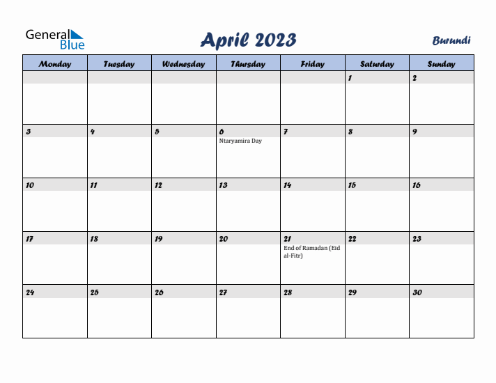 April 2023 Calendar with Holidays in Burundi