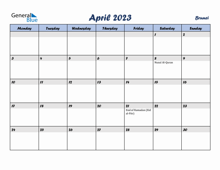 April 2023 Calendar with Holidays in Brunei