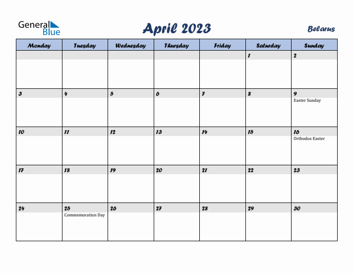 April 2023 Calendar with Holidays in Belarus