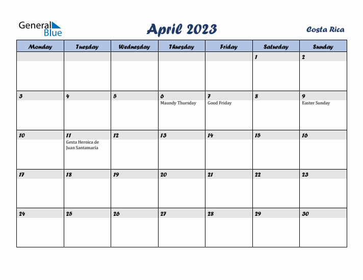 April 2023 Calendar with Holidays in Costa Rica