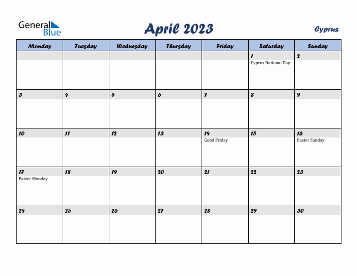 April 2023 Calendar with Holidays in Cyprus