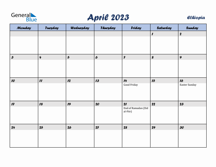 April 2023 Calendar with Holidays in Ethiopia