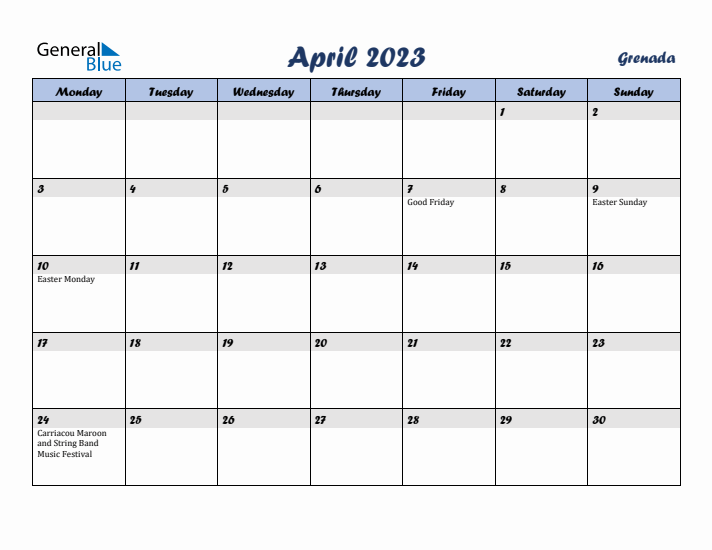 April 2023 Calendar with Holidays in Grenada