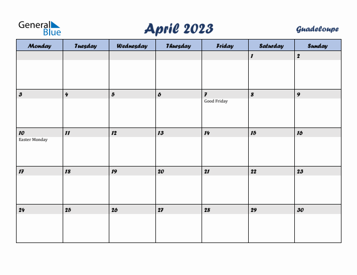 April 2023 Calendar with Holidays in Guadeloupe