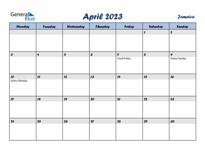 April 2023 Calendar with Holidays in Jamaica