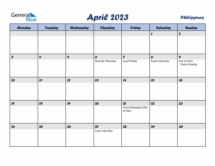 April 2023 Calendar with Holidays in Philippines