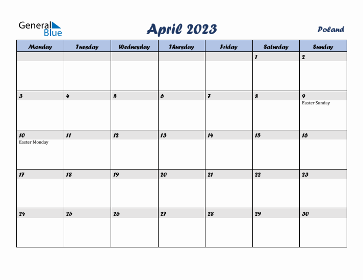 April 2023 Calendar with Holidays in Poland