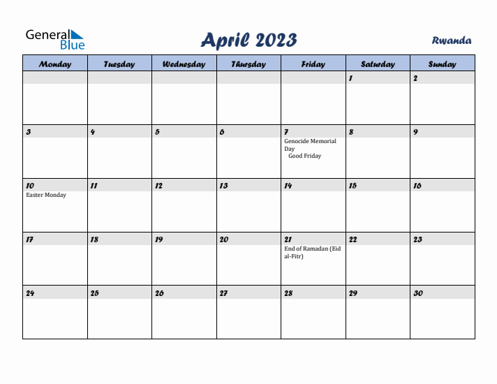 April 2023 Calendar with Holidays in Rwanda