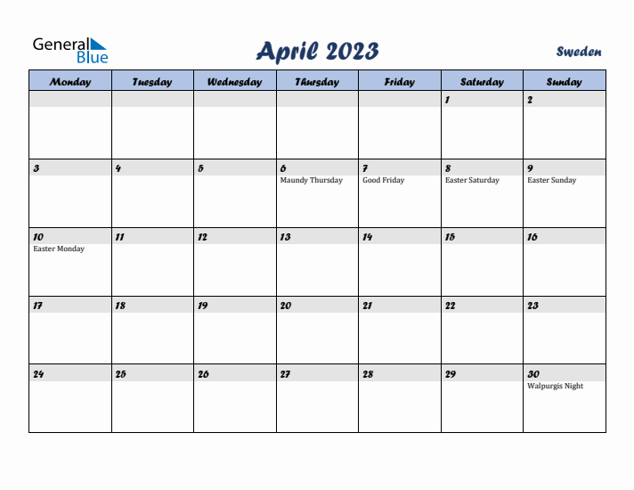 April 2023 Calendar with Holidays in Sweden