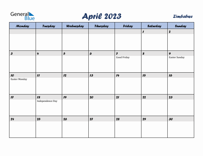 April 2023 Calendar with Holidays in Zimbabwe