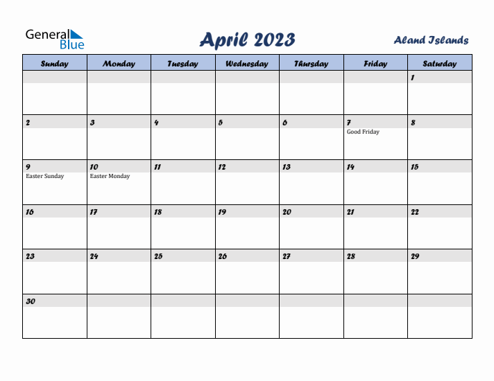 April 2023 Calendar with Holidays in Aland Islands