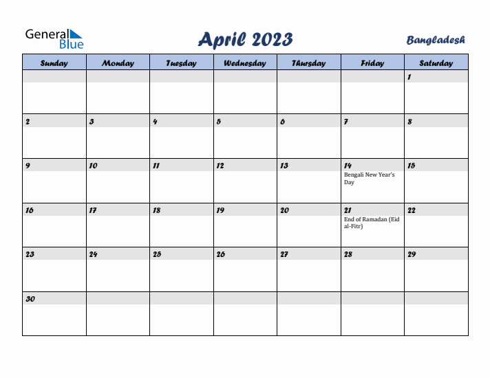 April 2023 Calendar with Holidays in Bangladesh