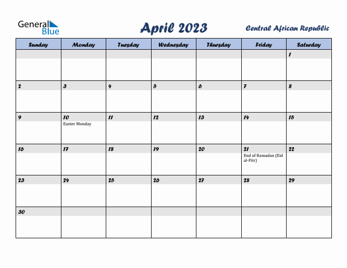 April 2023 Calendar with Holidays in Central African Republic