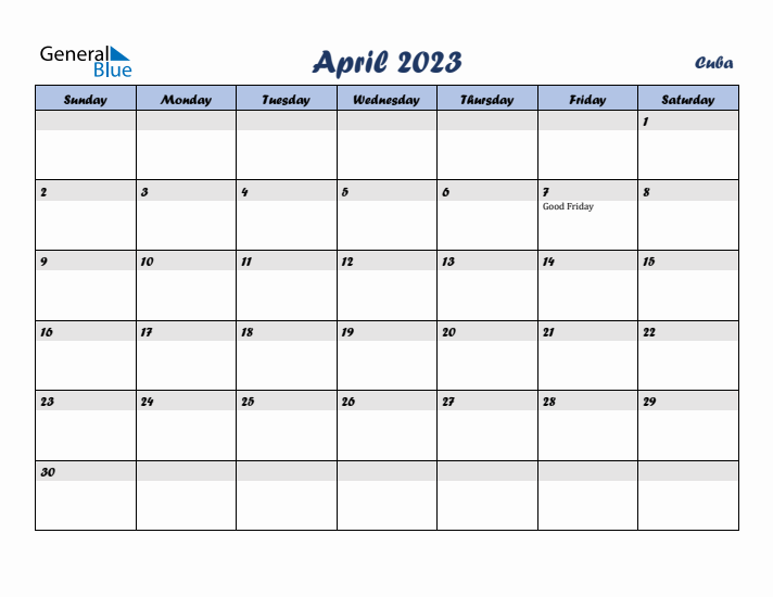 April 2023 Calendar with Holidays in Cuba