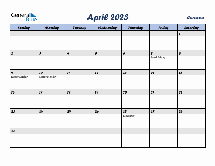 April 2023 Calendar with Holidays in Curacao