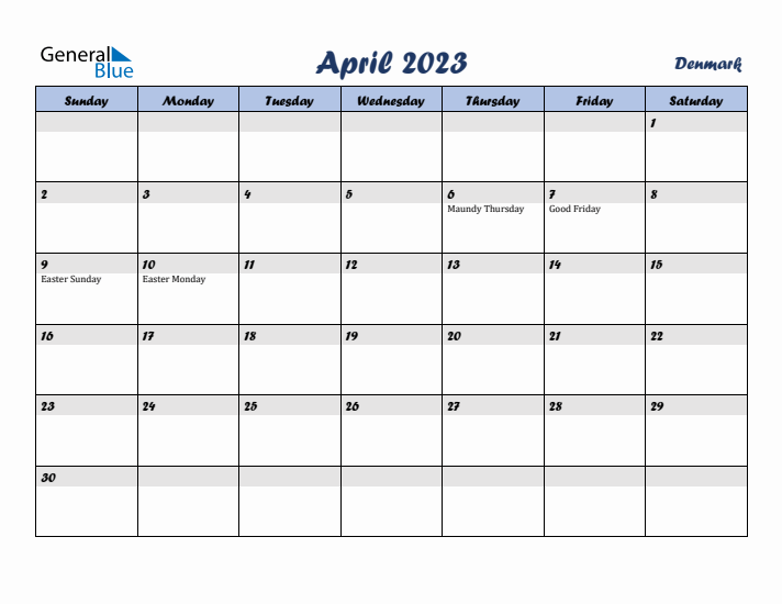 April 2023 Calendar with Holidays in Denmark