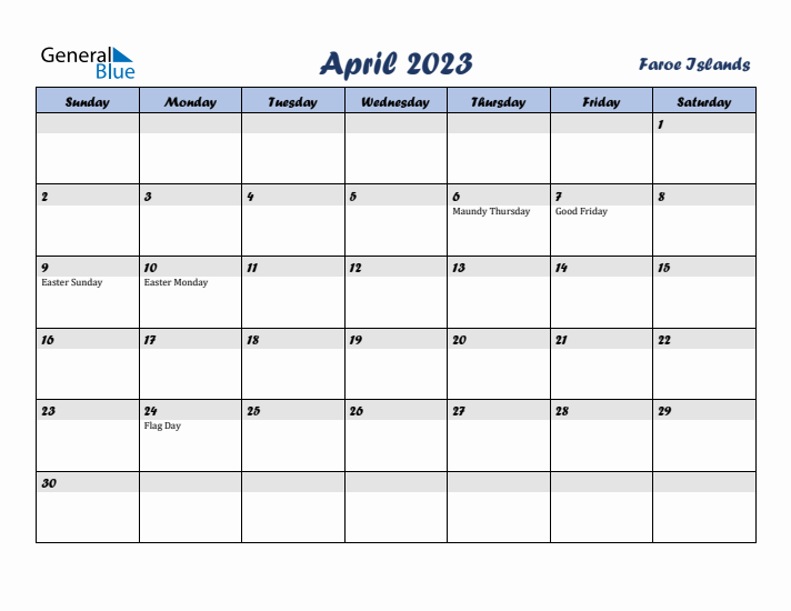 April 2023 Calendar with Holidays in Faroe Islands