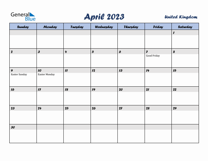 April 2023 Calendar with Holidays in United Kingdom