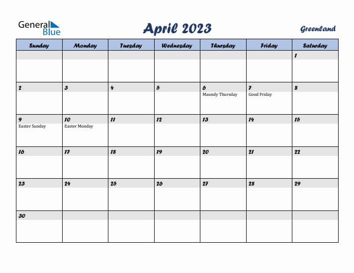 April 2023 Calendar with Holidays in Greenland