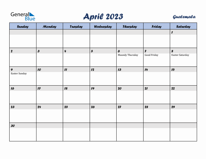 April 2023 Calendar with Holidays in Guatemala