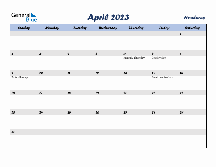 April 2023 Calendar with Holidays in Honduras