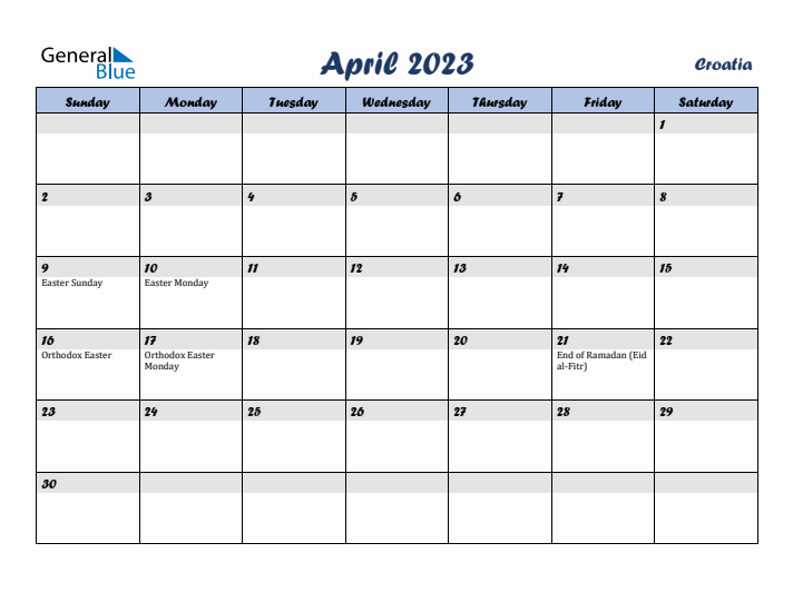 April 2023 Calendar with Holidays in Croatia