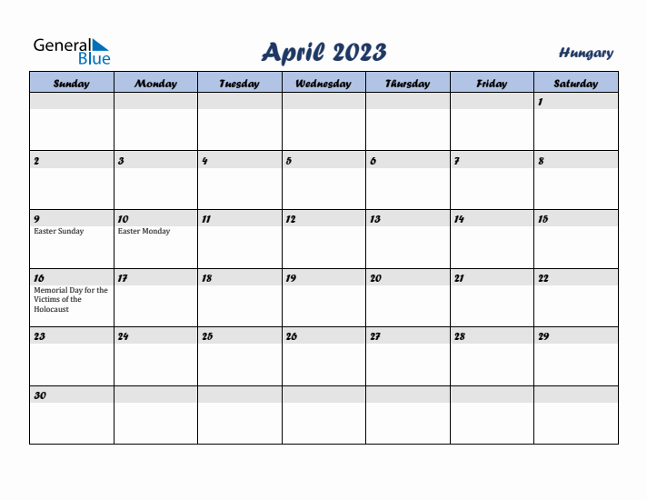 April 2023 Calendar with Holidays in Hungary