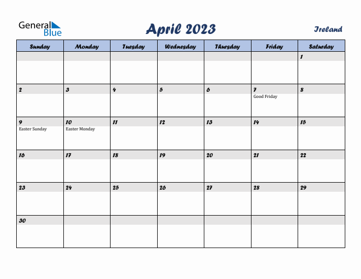 April 2023 Calendar with Holidays in Ireland