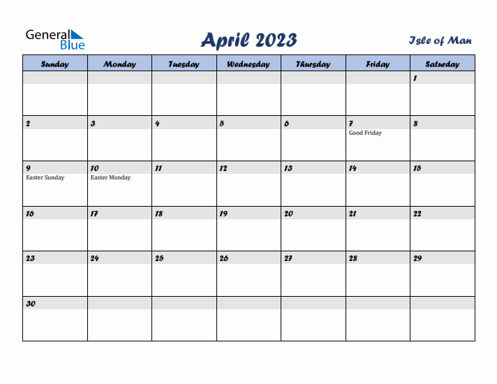 April 2023 Calendar with Holidays in Isle of Man