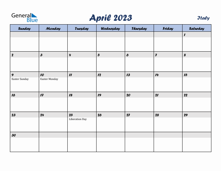 April 2023 Calendar with Holidays in Italy